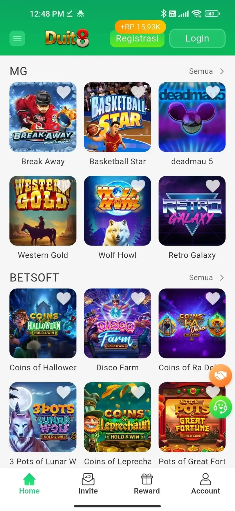 Tampilan utama Duit8 APK dengan koleksi slot MG dan Betsoft