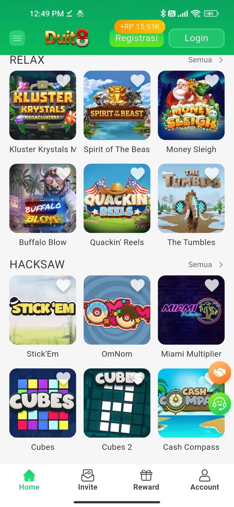 Duit8 APK menampilkan slot Relax Gaming dan Hacksaw