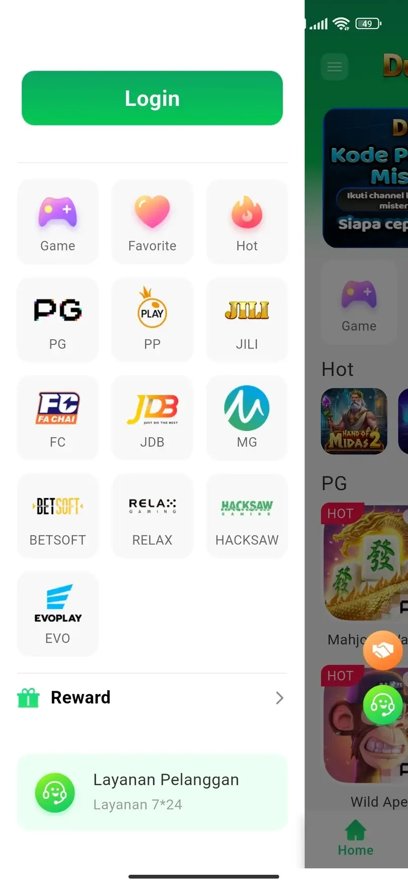 Menu navigasi dan kategori provider game di Duit8