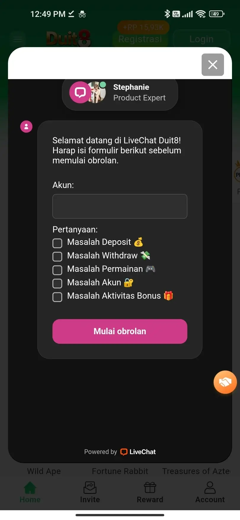Fitur live chat 24/7 di Duit8 APK